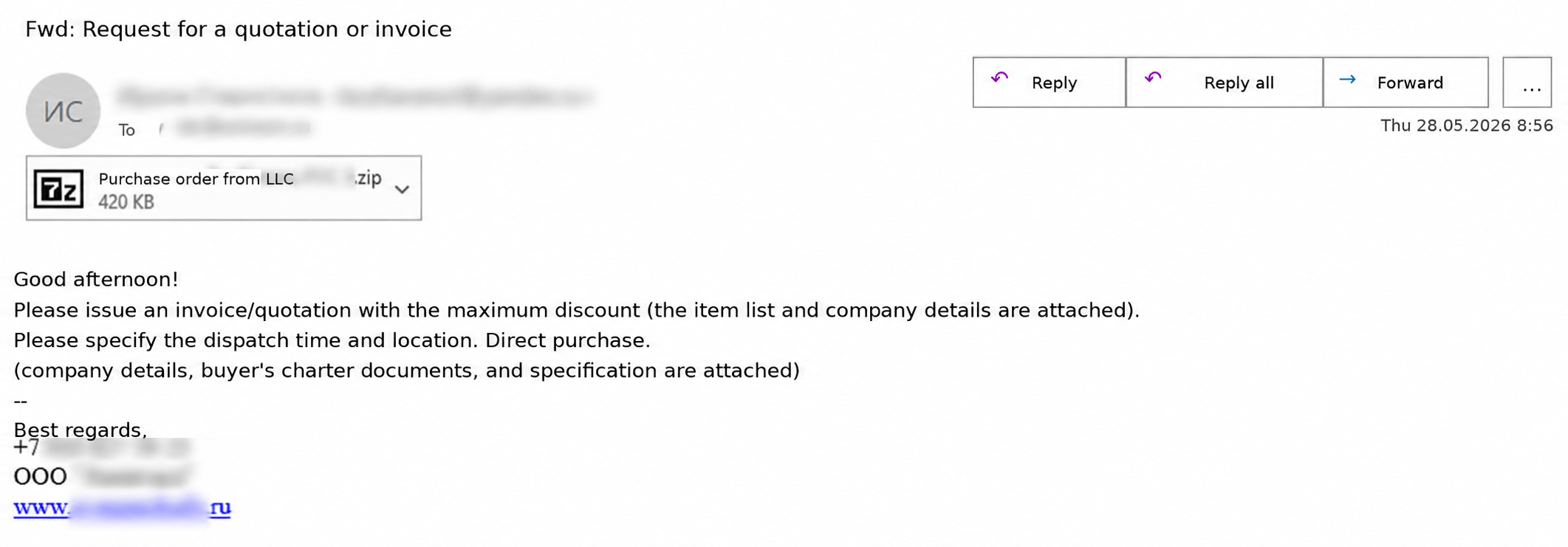 Phishing email with malicious attachment