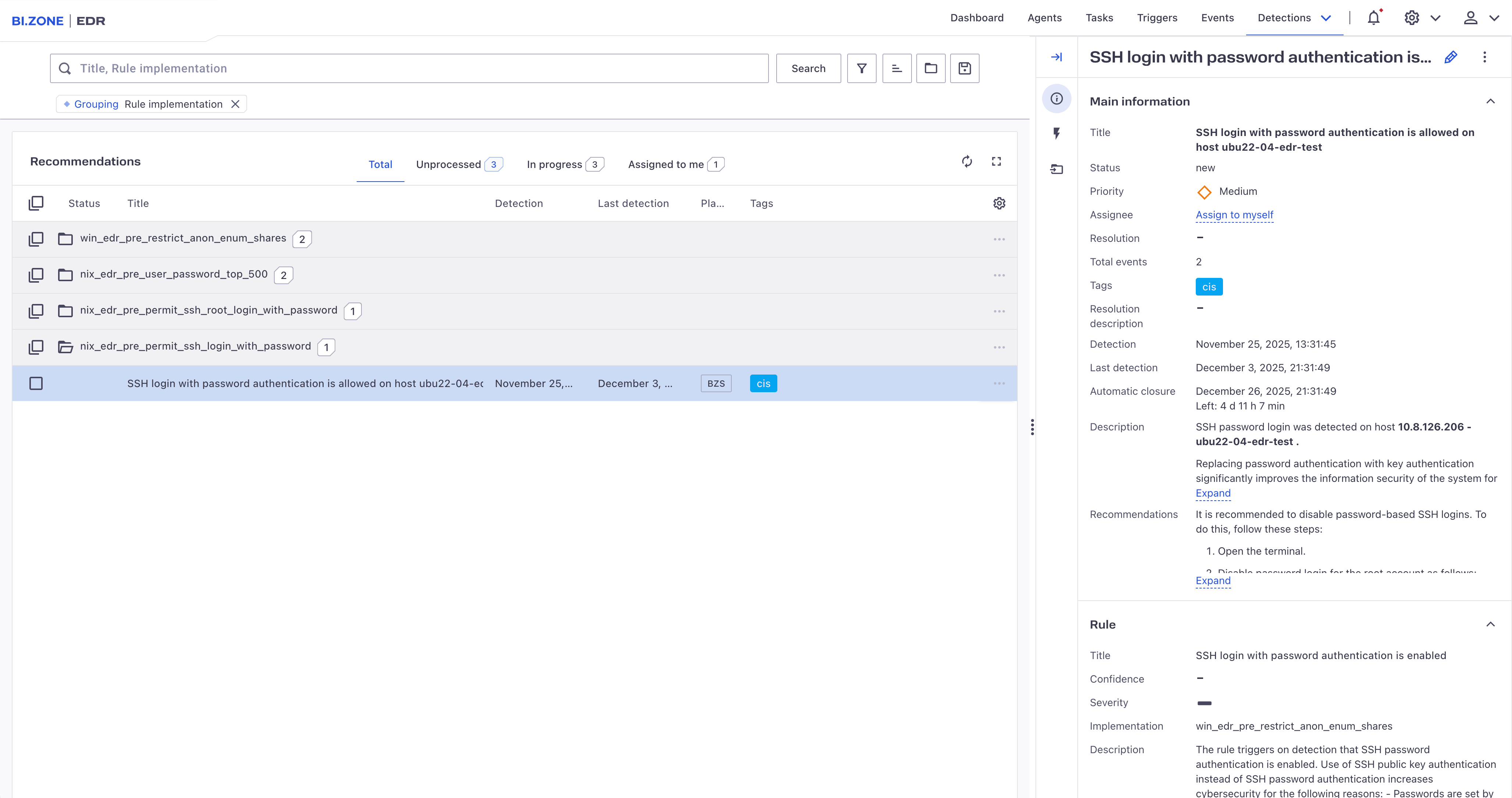 Alerts grouped by recommendations