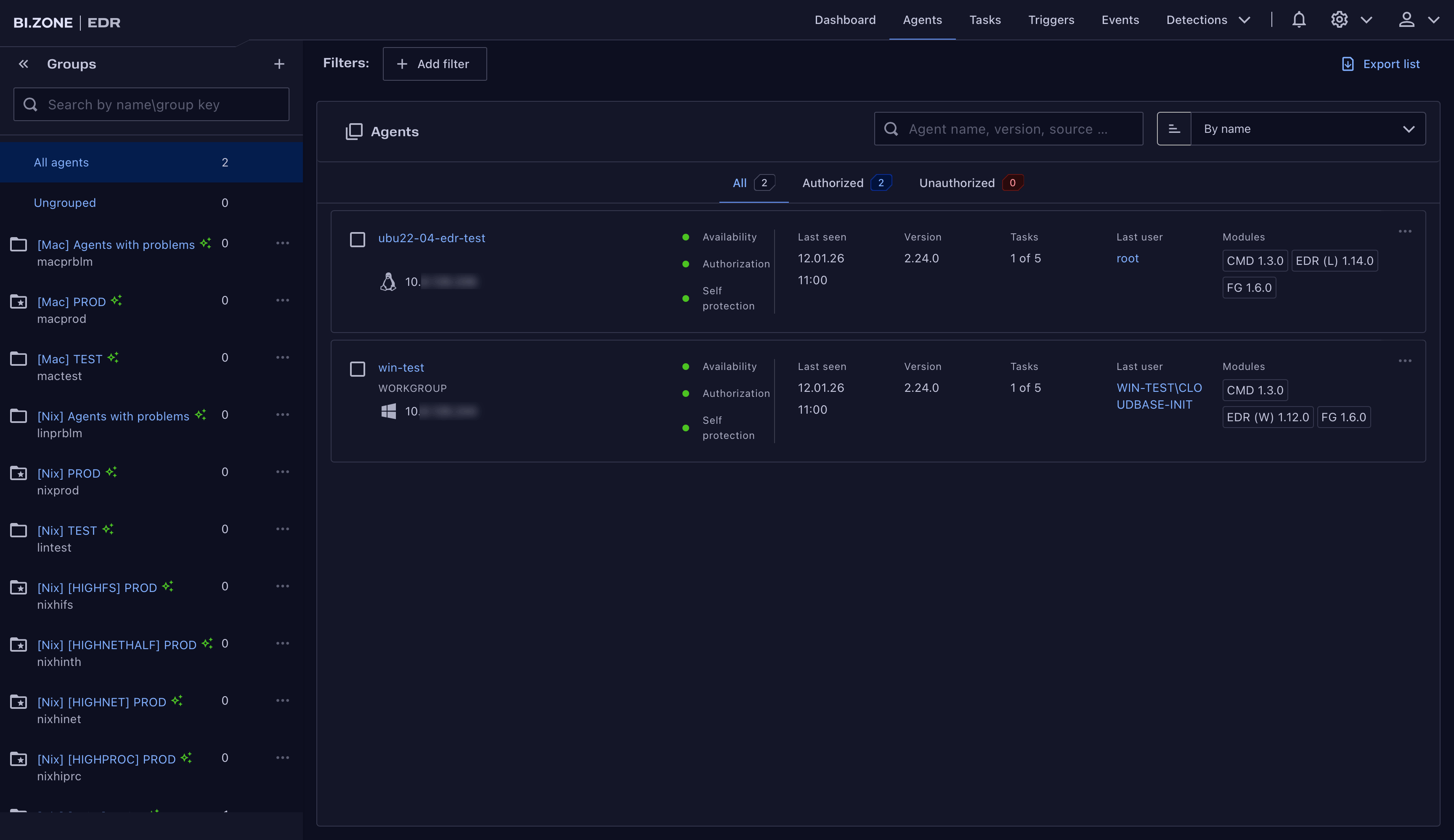  BI.ZONE EDR user interface (dark mode)