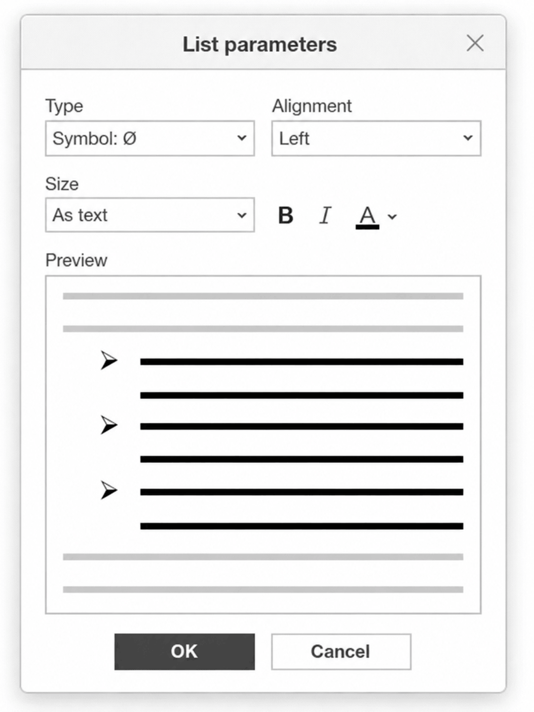 List parameters modal window