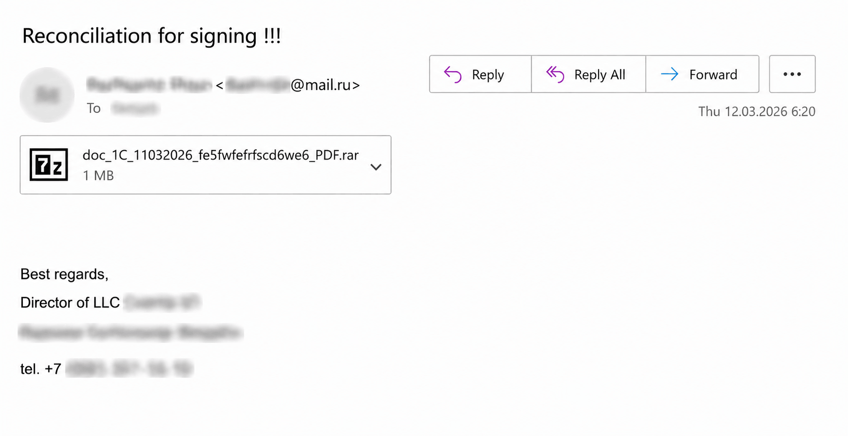Phishing email with malicious attachment