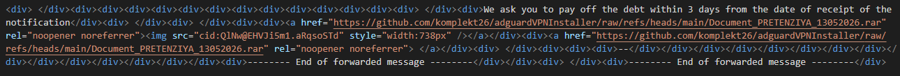 HTML code of&nbsp;phishing email containing GitHub repository URL