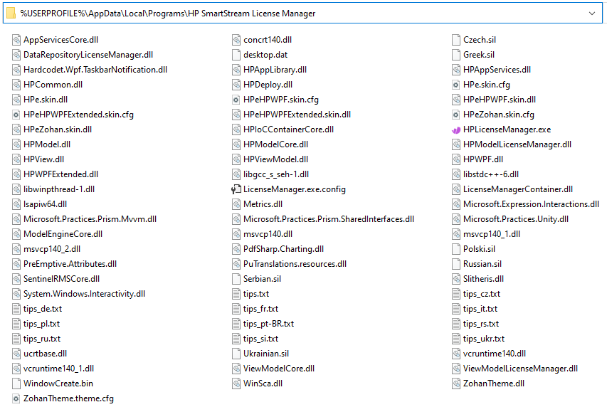 Sample contents of %LOCALAPPDATA%\Programs\HP SmartStream License Manager