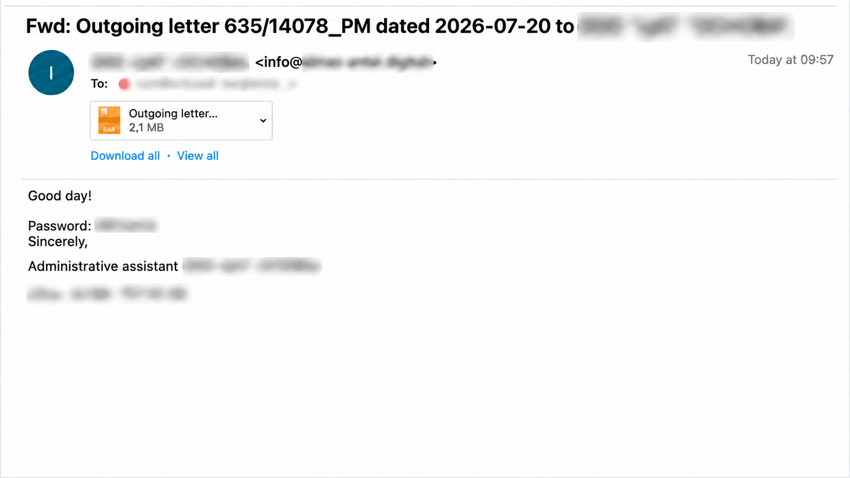 Phishing email used in the Rare Werewolf campaign