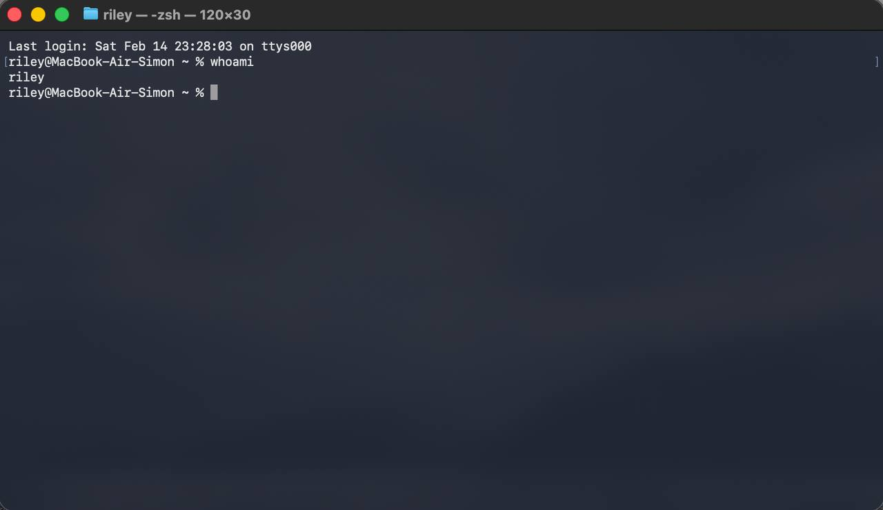 Вывод команды whoami, содержащий имя текущего пользователя, в macOS