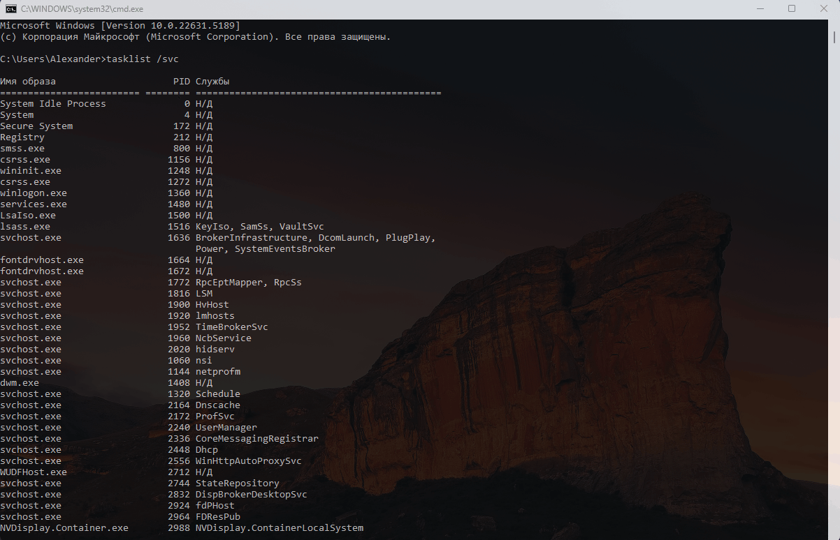 tasklist /svc