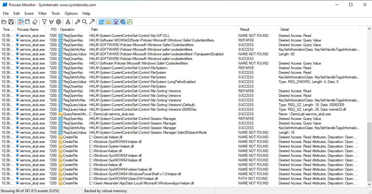 Трейс Process Monitor при поиске helper.dll