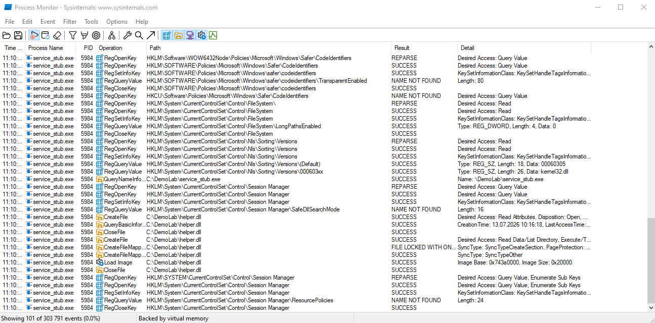 Трейс Process Monitor после подложения helper.dll