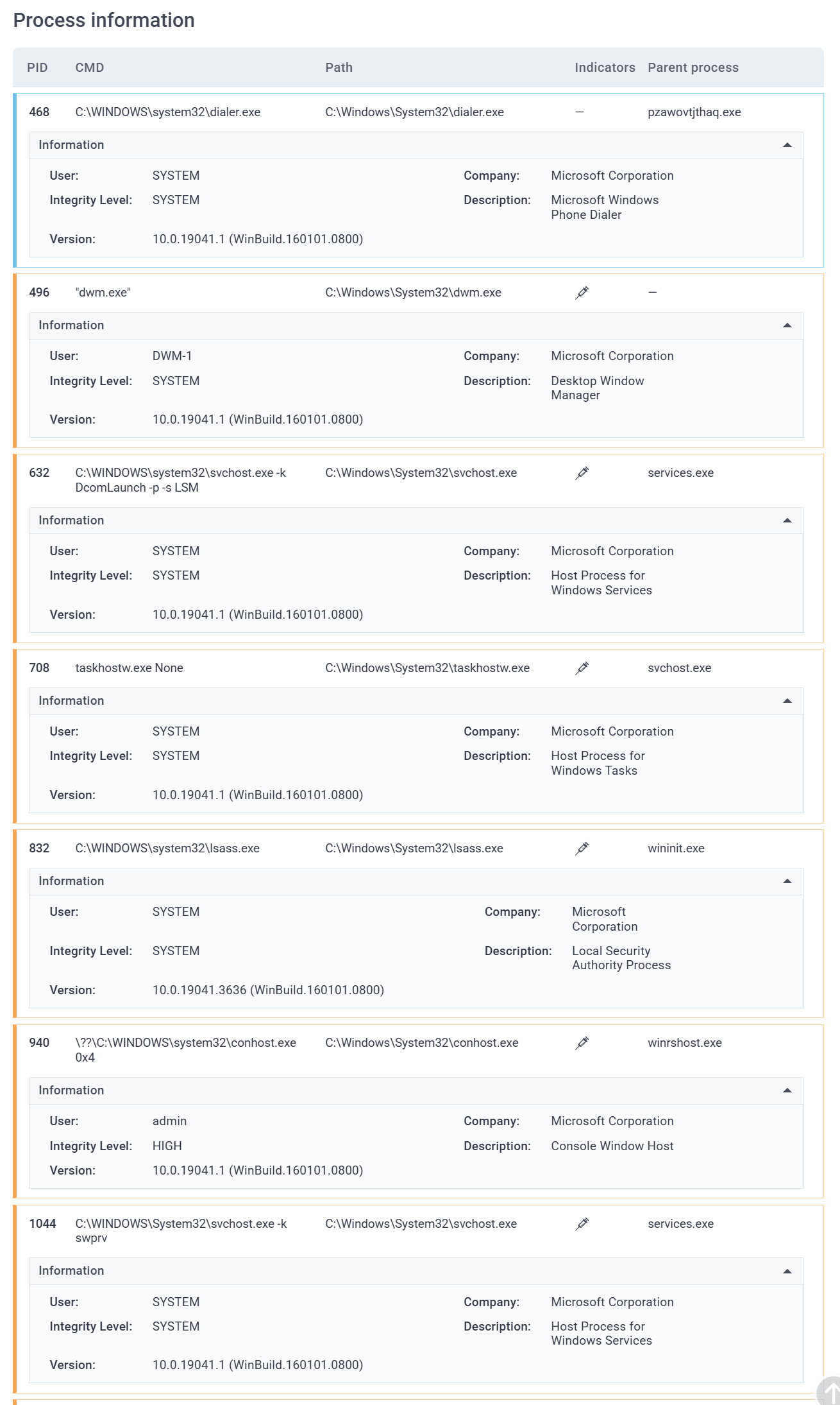 Процессы, которые создает файл при запуске, отображенные в блоке Process information