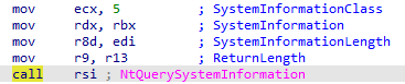 Этот буфер заполняется при помощи вызова функции NtQuerySystemInformation. Значение, помещенное в ECX, — это тип получаемой информации, в нашем случае это 5 (получение информации о