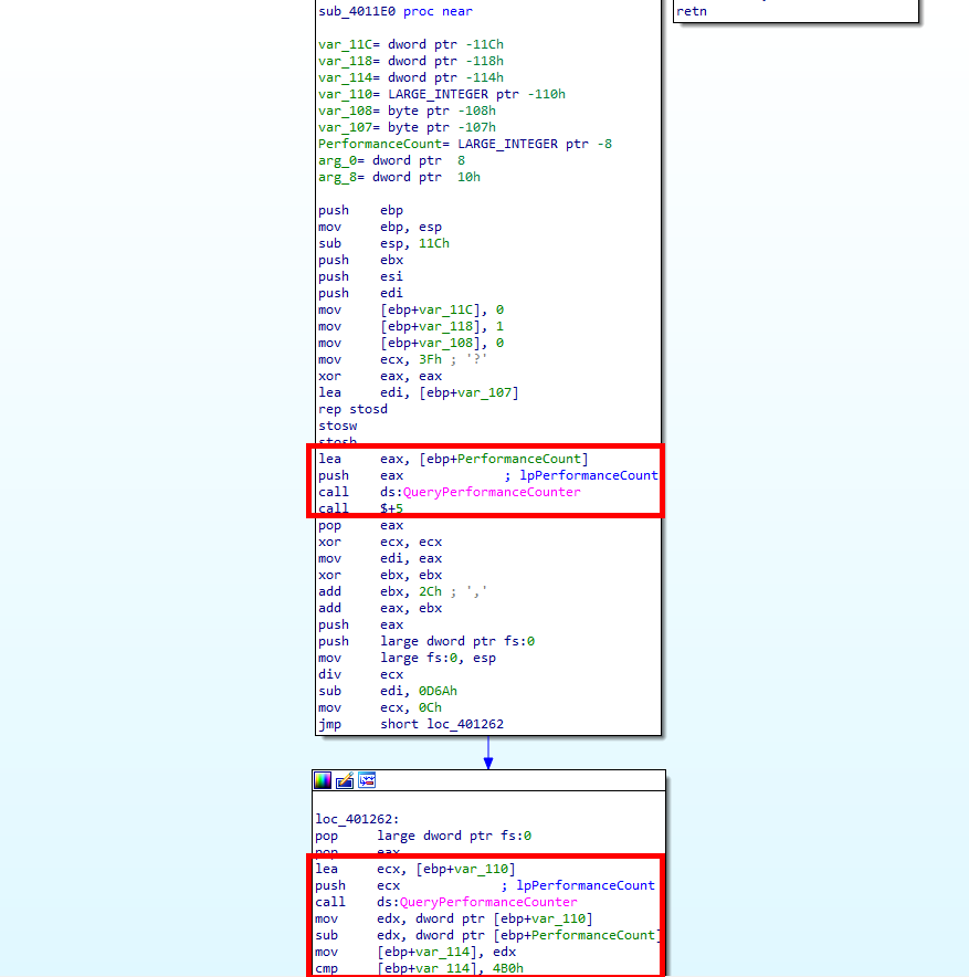 Если перейти в функцию sub_4011E0, можно увидеть два вызова QueryPerformanceCounter. Нас интересуют соседние с ними инструкции, выделенные красными прямоугольниками. Переменные Per