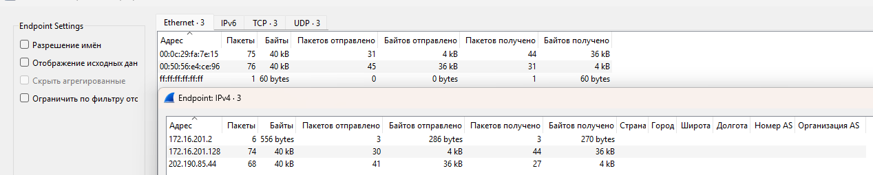 Endpoints — конечные точки. Находятся во вкладке «Статистика» и показывают список всех зафиксированных узлов. Список можно сортировать по объему переданных данных, например по количеству отправленных байтов, чтобы найти,