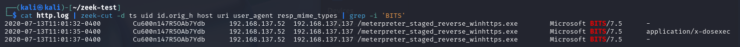 cat http.log | zeek-cut -d ts uid id.orig_h host uri user_agent resp_mime_types | grep -i 'BITS'