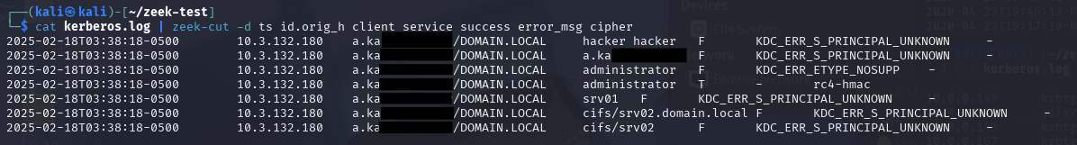 cat kerberos.log | zeek-cut -d ts id.orig_h client service success error_msg cipher