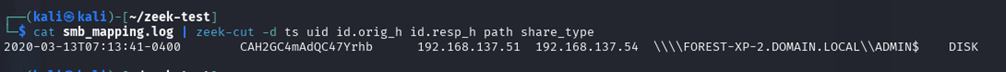 cat smb_mapping.log | zeek-cut -d ts uid id.orig_h id.resp_h path share_type