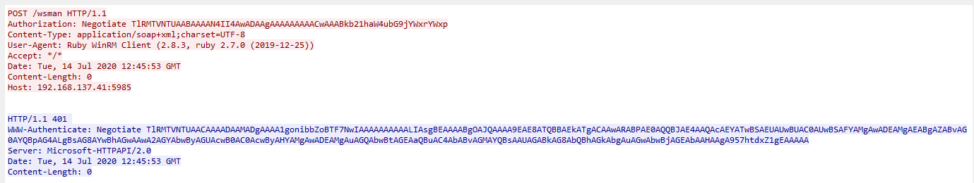 Сразу видно, что порт назначения указывает на использование WinRM поверх HTTP. Порт и структура запросов выглядят штатно, но уже здесь есть необычный признак: имя учетной записи передается открытым текстом.