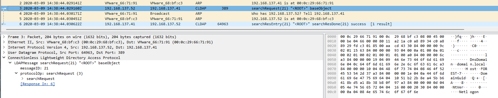 Сначала идет разведка. Хост 192.168.137.52 отправляет CLDAP-запрос на 192.168.137.41 и получает подтверждение, что это контроллер домена: