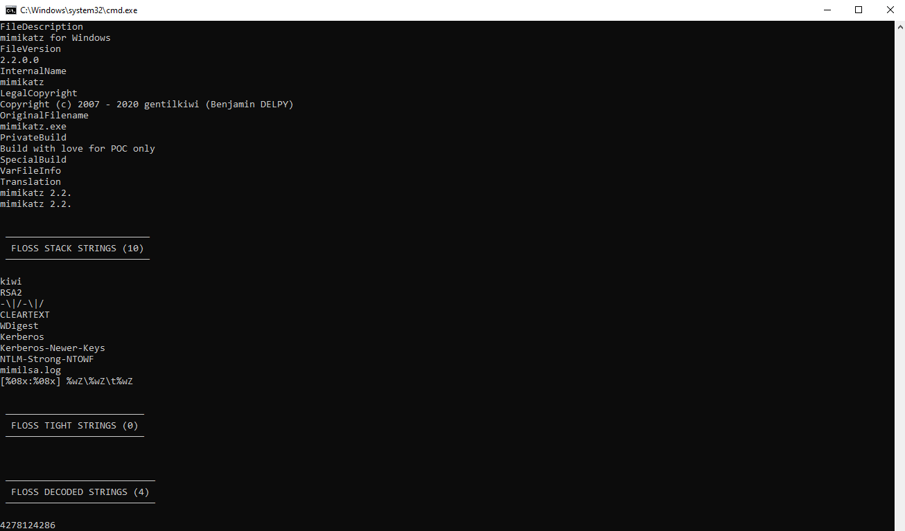 Результат анализа mimikatz.exe инструментом FLOSS: метаданные файла, стековые строки (NTLM, Kerberos, WDigest) и начало раздела декодированных строк