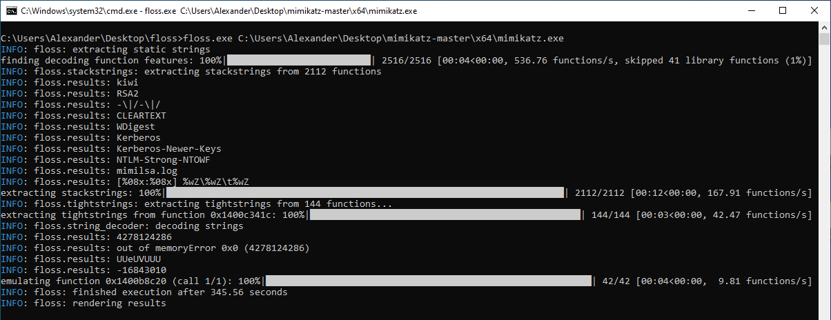 Процесс анализа mimikatz.exe инструментом FLOSS: извлечение статических и стековых строк, декодирование обфусцированных строк из 2516 функций