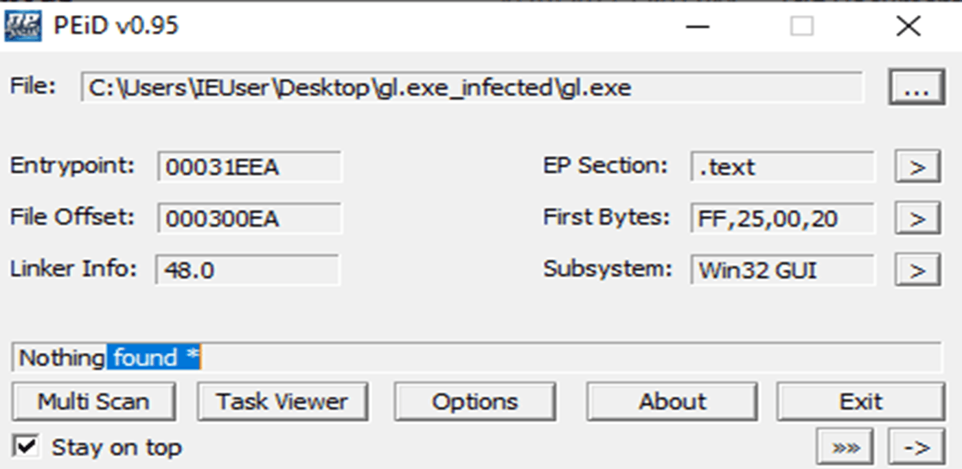 Анализ файла gl.exe в PEiD v0.95: упаковщик не обнаружен, файл является 32-битным GUI-приложением с точкой входа в секции .text