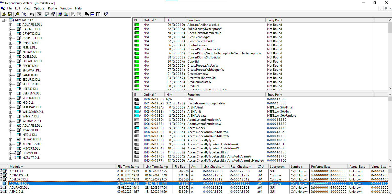 Анализ зависимостей mimikatz.exe в Dependency Walker: список импортируемых и экспортируемых функций, подключенные DLL-библиотеки и их метаданные