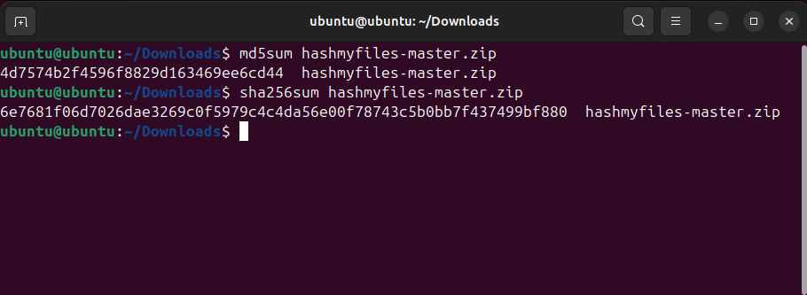 Вычисление хешей MD5 и SHA-256 файла hashmyfiles-master.zip с помощью утилит md5sum и sha256sum в терминале Ubuntu