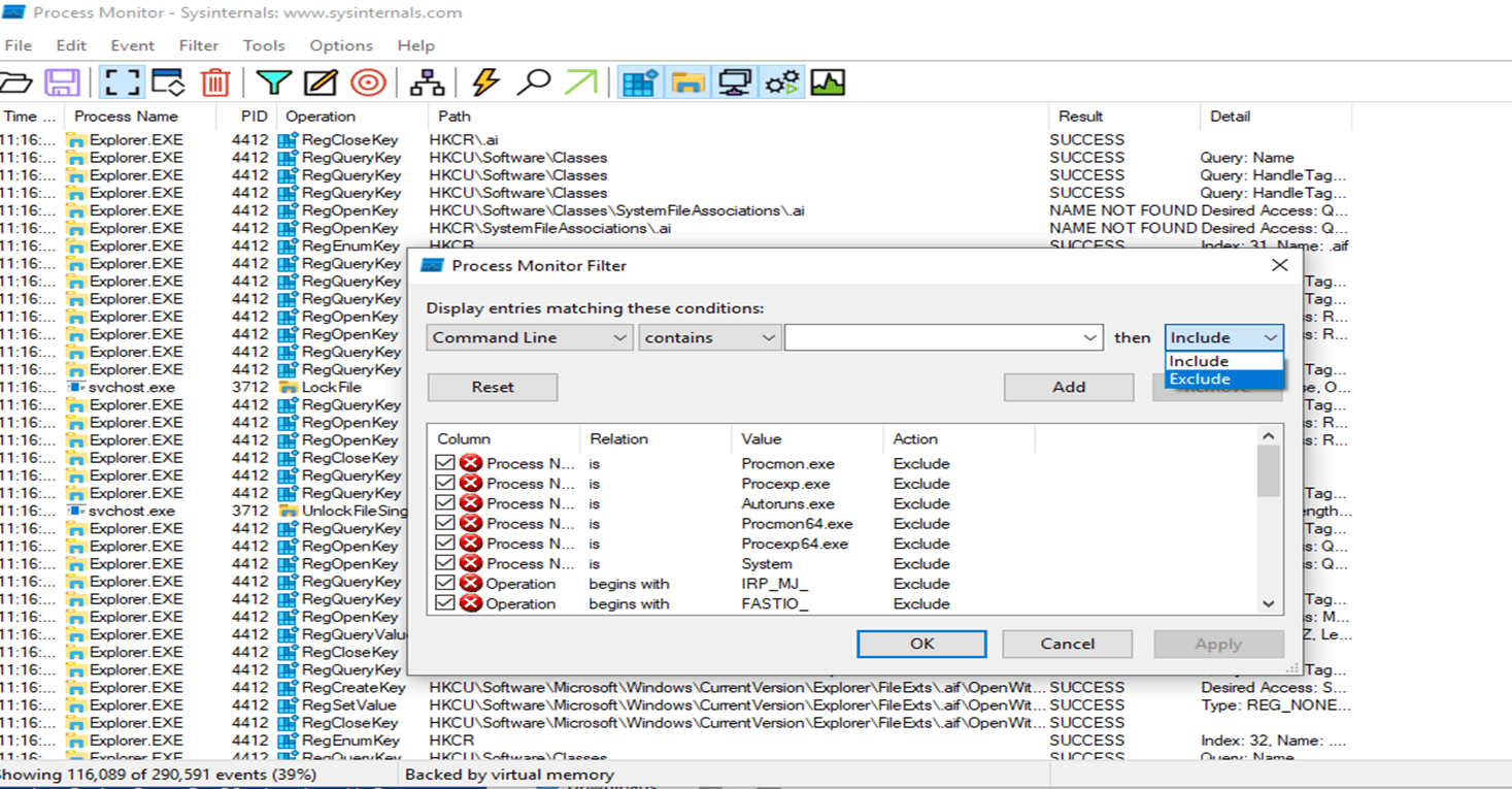 Настройка фильтров в Process Monitor: исключение системных процессов (Procmon.exe, Procexp.exe, Autoruns.exe) и служебных операций (IRP_MJ_, FASTIO_) для сокращения шума при анализе