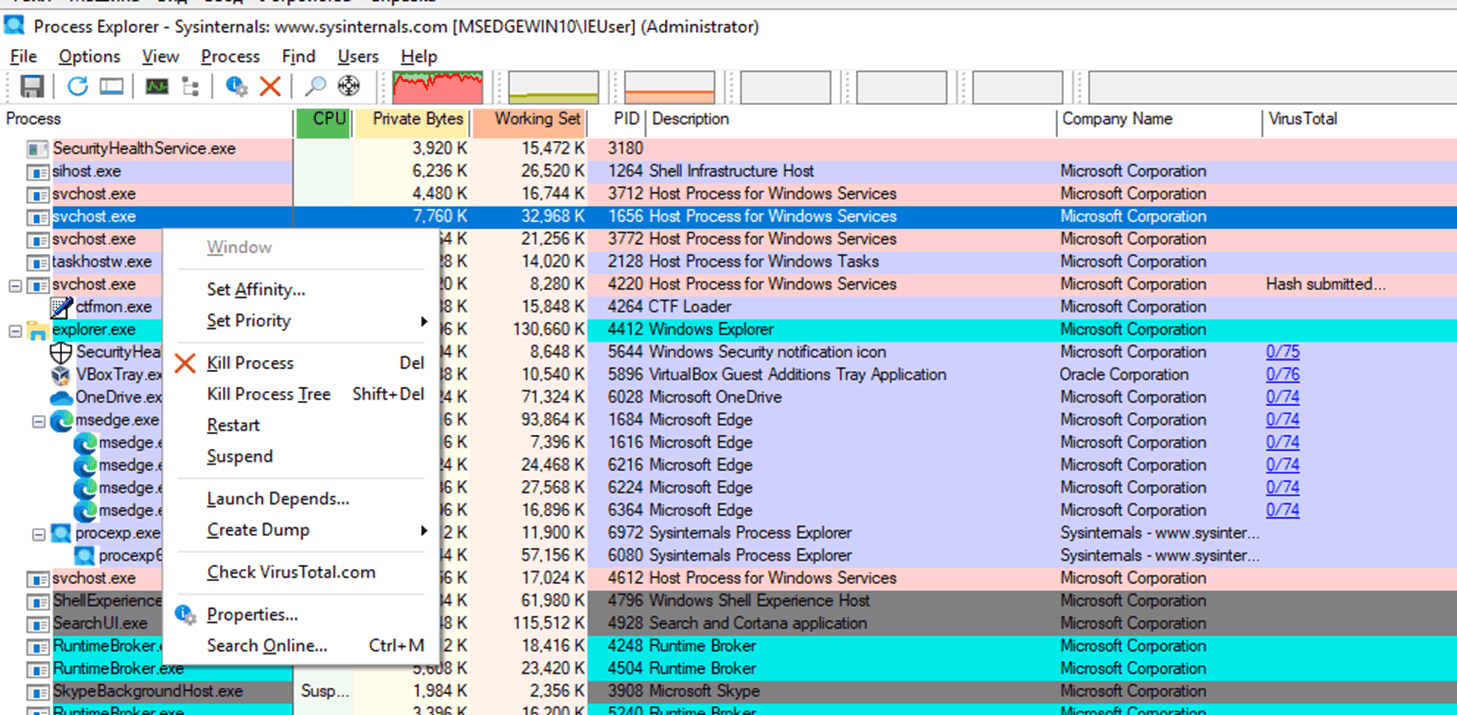 Контекстное меню процесса в Process Explorer