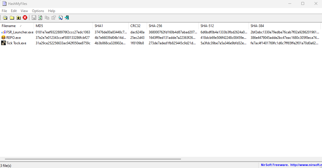 Вычисление хешей файлов FSR_Launcher.exe, REPO.exe и Tick Tock.exe с помощью утилиты HashMyFiles — алгоритмы MD5, SHA-1, CRC32, SHA-256, SHA-512 и SHA-384