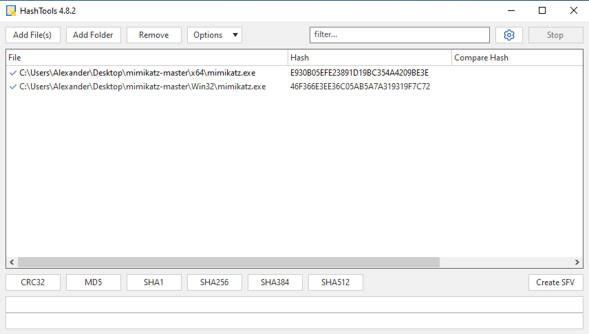 Вычисление MD5-хешей двух версий mimikatz.exe (x64 и Win32) в утилите HashTools