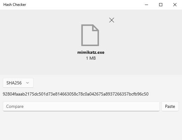 Вычисление хеша SHA-256 файла mimikatz.exe с помощью утилиты Hash Checker