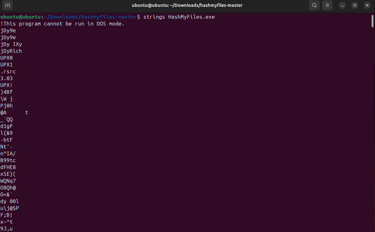 Извлечение строк из файла HashMyFiles.exe с помощью утилиты strings в терминале Ubuntu