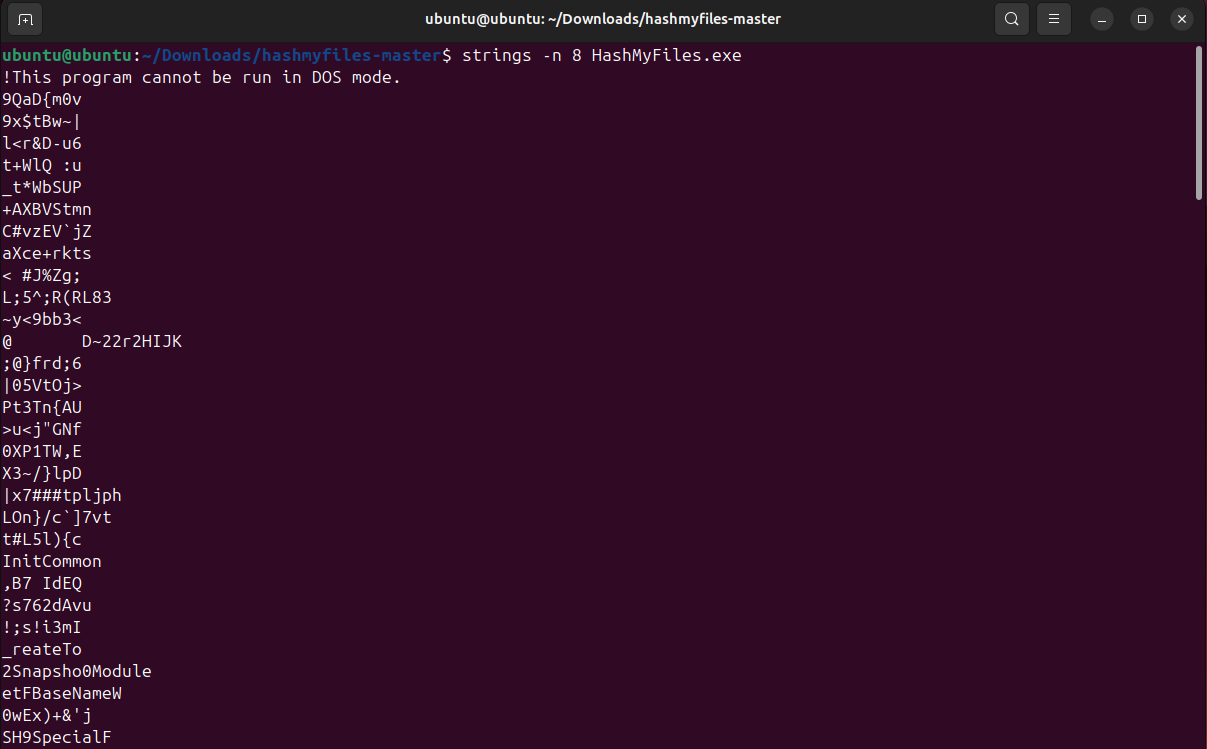 Извлечение строк длиной от 8 символов из файла HashMyFiles.exe с помощью команды strings -n 8 в терминале Ubuntu