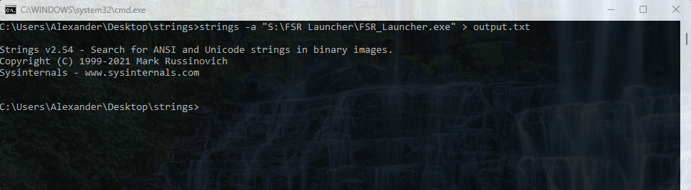 Извлечение строк из файла FSR_Launcher.exe с сохранением результата в output.txt с помощью Strings v2.54 от Sysinternals в командной строке Windows